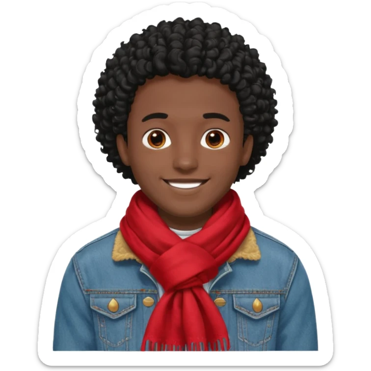 black skin man, curly black hair wear big red scraft, jean jacket sticker