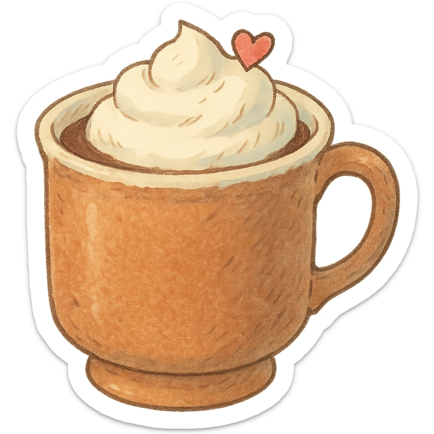a cup of cocoa with whipped cream, Japanese soft pastel hand-drawn style, full object, transparent background, with a tiny heart on the cream sticker