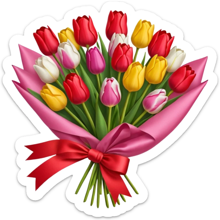 bouquet of many tulip with bow and yellow wrapping paper sticker