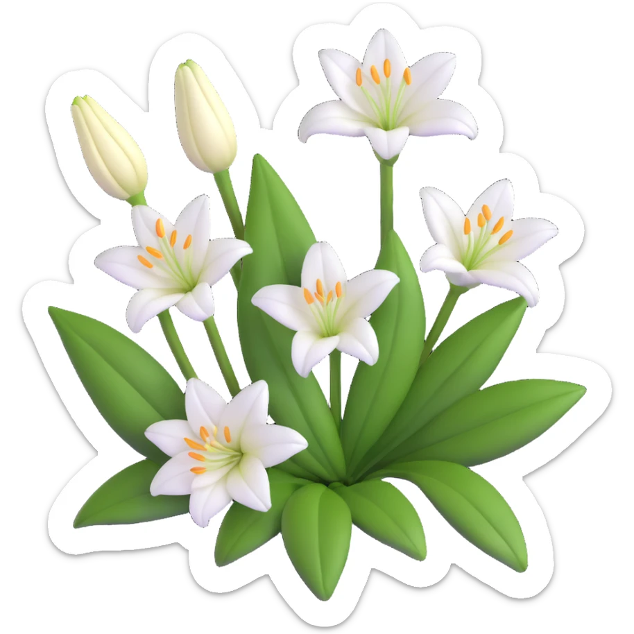 detailed white lily with six petals, a closed bud, and several green leaves sticker