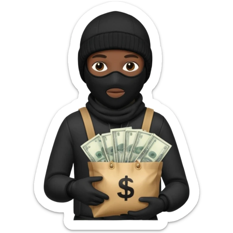 Black Ski mask holding bags of money with  skin color black sticker