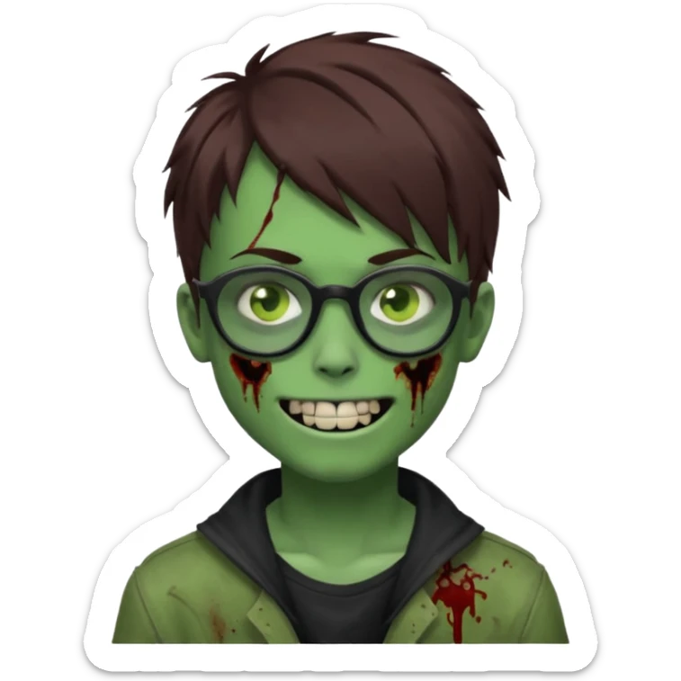 Zombie emo boy, green skin and brown hair, black glasses and a scary smile, scars and blood under eyes sticker