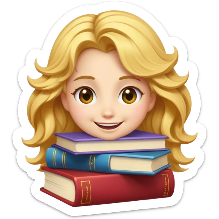 Cinematic Adorable Belle Portrait Emoji, Giggling as she hugs a stack of books, eyes twinkling with excitement, golden hair tousled slightly, a perfect mix of beauty and endearing nerdiness! sticker