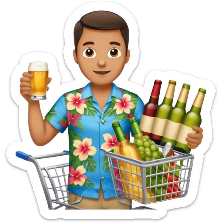 man with a shopping cart full of beers and wines sticker
