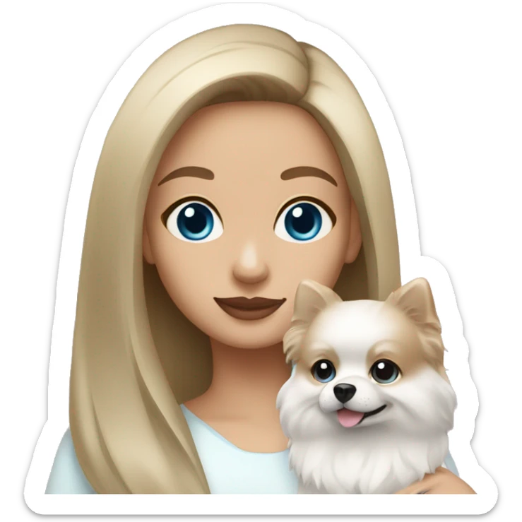 Brunette girl with light skin and blue eyes holding a white pomeranian  sticker