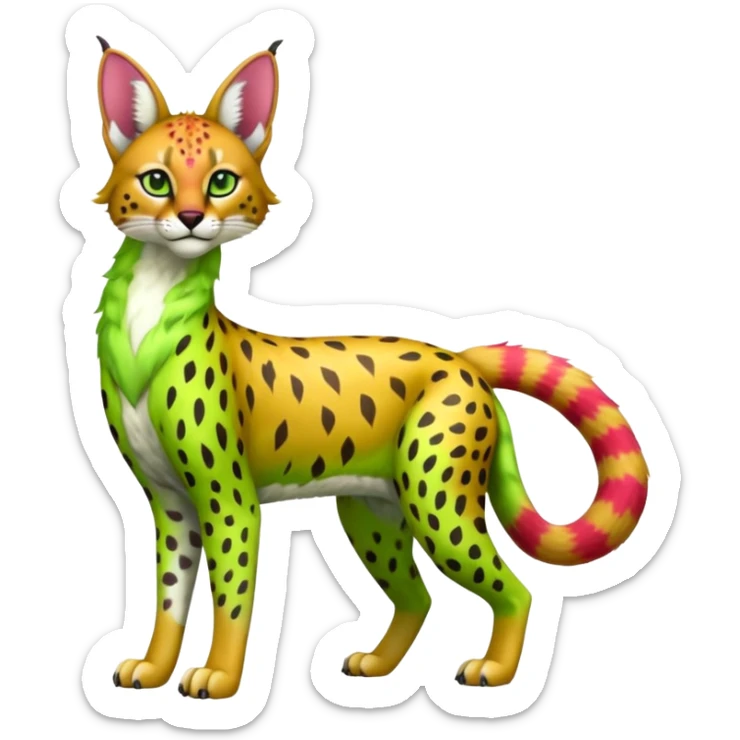 Colorful tropical exotic fruity kiwi-green lemony rosy neon-red Caracal-Cheetah-Serval-Snow-Leopard-Trico-Sergal-Vernid-fusion-hybrid-animal-creature, full body sticker