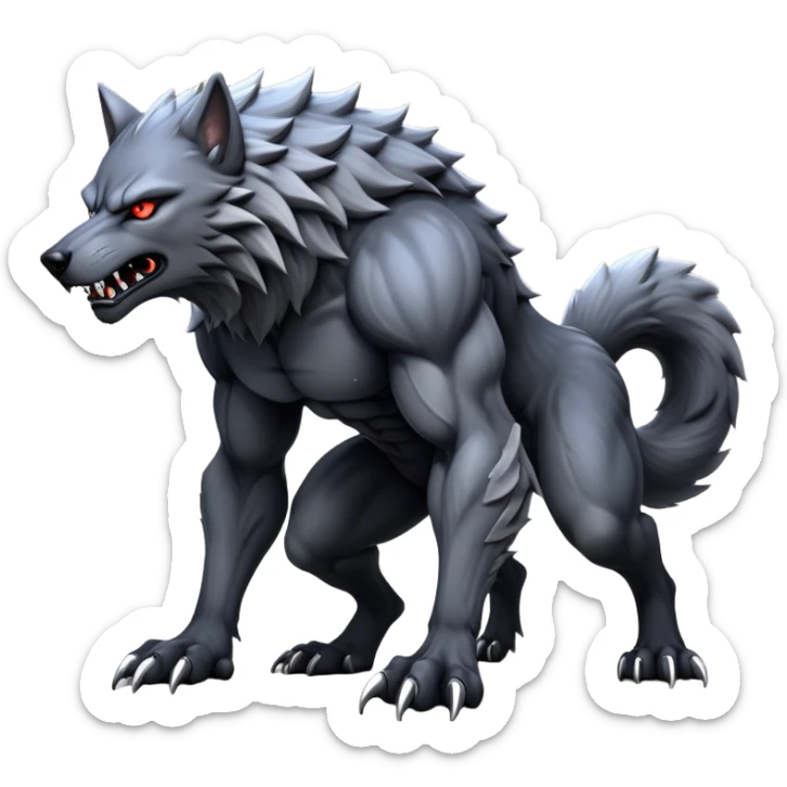 cinematic-noble-fierce-werewolf-full body on all fours-emoji, poised-and-imposing, with a tall, lean, and muscular wolfish frame inspired by the brutal, imposing shape of the beast from Berserk, fur rippling in shades of midnight black and silver, massive paws with razor-sharp claws, elongated limbs and fangs, eyes glowing with an intense, primal ferocity, reflecting the untamed power of the wild moonlit night; rendered with realism like a wolf hunched over sticker
