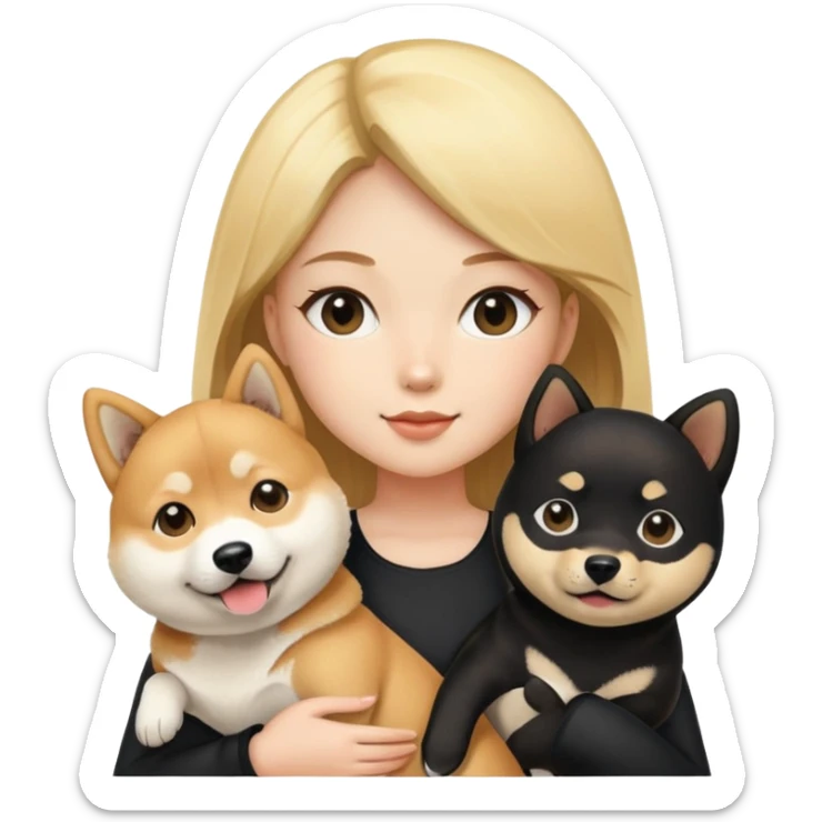 blonde girl holding a shiba inu and a black shiba inu sticker