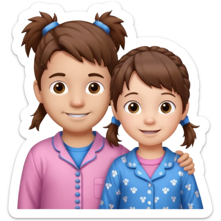 A toddler girl with brown hair with two pig tails, wearing pink pajamas and a bigger 4 year old boy with spikey brown hair, wearing blue pajamas. Both light skin and smiling.  sticker