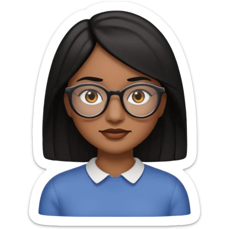A woman emoji with medium-dark skin, straight shoulder-length black hair parted to the side, an oval-shaped face, arched dark eyebrows, large brown eyes with glasses, a small nose, and natural-toned lips. sticker