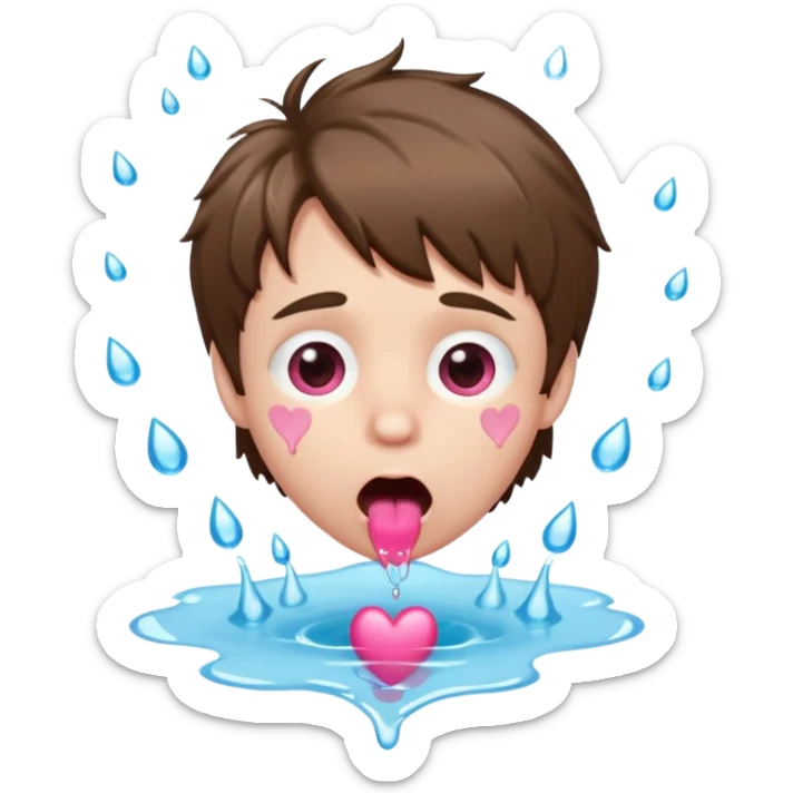 Pale Boy with shaggy brown hair, pink heart shaped eyes looking up , mouth open , water drop dripping from lips sticker