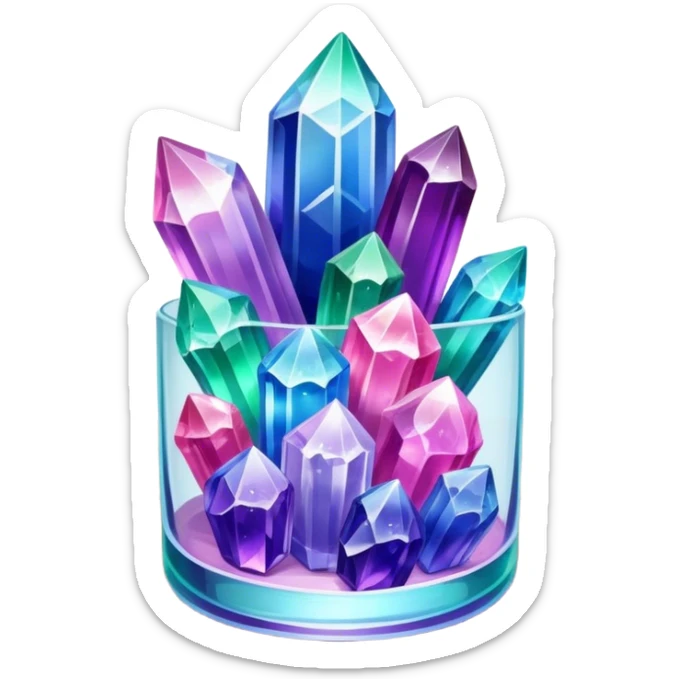 Close-up of vibrant, multicolored crystals growing in a glass container on a wooden table. Crystals in shades of purple, blue, green, pink, and clear are forming in various shapes and sizes. Soft light shines on them. Cozy indoor setting with plants and soft decor in the background. sticker