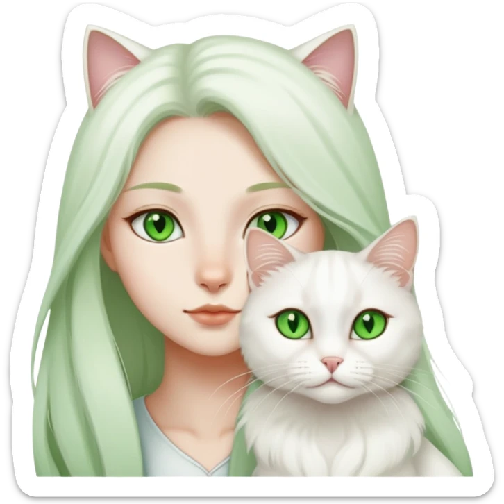 a girl and a long hair jinjila white cat, cat’s eyes are green sticker