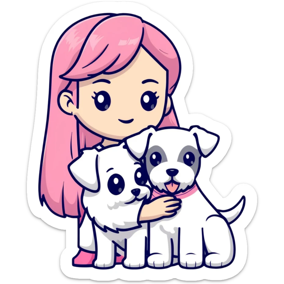 Girl with long flowing pink hair holding a white schnauzer dog sticker