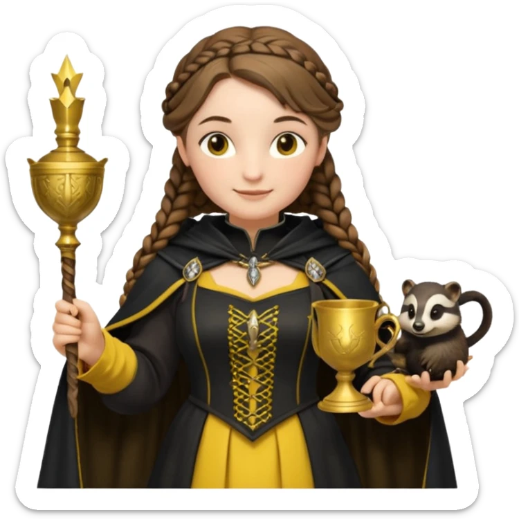 Helga Hufflepuff,the Hogwarts founder of Hufflepuff,brown-haired,2braids,yellow-black medieval dress with black cloak decorated with gold braiding,flickering magic wand and tiny two-handled shiny gold cup engraved with the badger silhouette,very kind smile,curvy busty sweet  sticker