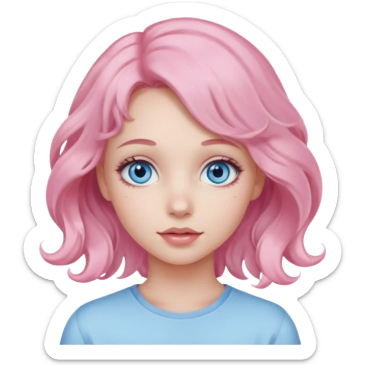 a girl with blue eyes, pastel pink wavy hair, clean girl makeup sticker