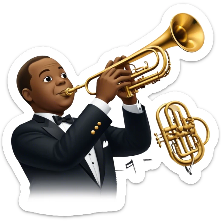 Icon for Jazz Music: collage of Louis Armstrong with his trumpet and Glenn Miller with his orchestra. Silhouettes of musicians, brass instruments, and musical notes. The design should convey the classic, smooth vibe of jazz. Transparent background. sticker