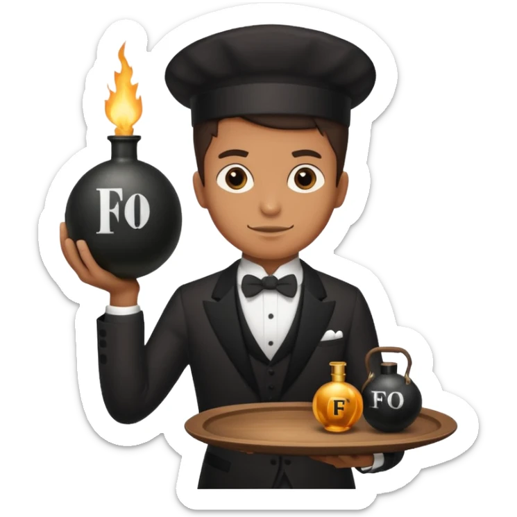 A butler holding a platter with an old-fashion bomb on it with the letters FO on the bomb sticker