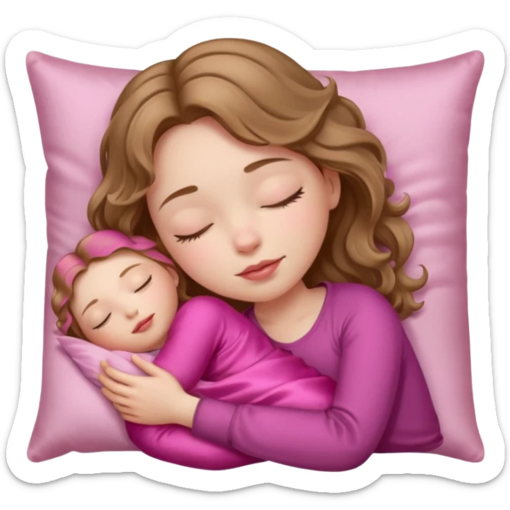 sleeping girl with pale skin and light brown wavy hair with a pink silk pillow sticker