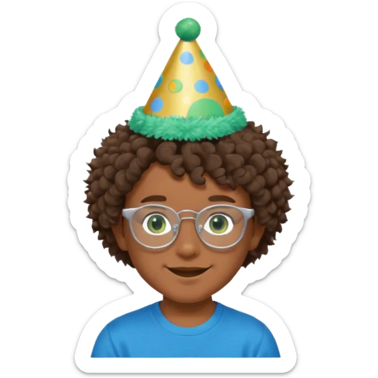 A boy with curly brown hair and green eyes with a happy face, and wear square glasses.He’s also got a full silver birthday party hat on his head with blue pom poms on top of it, and his T-shirt is all black, he wears a little gold circle earrings on his left  sticker