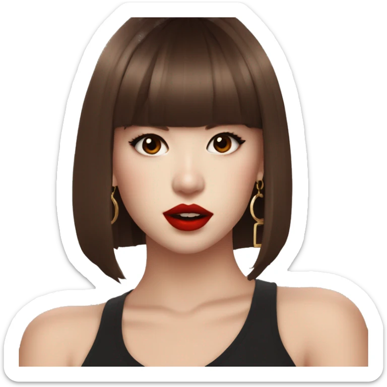 pretty girl with Lalisa Style hair during Rockstar MV, brown eyes, red lips, dark chocolate brown hair, hoo earrings sticker