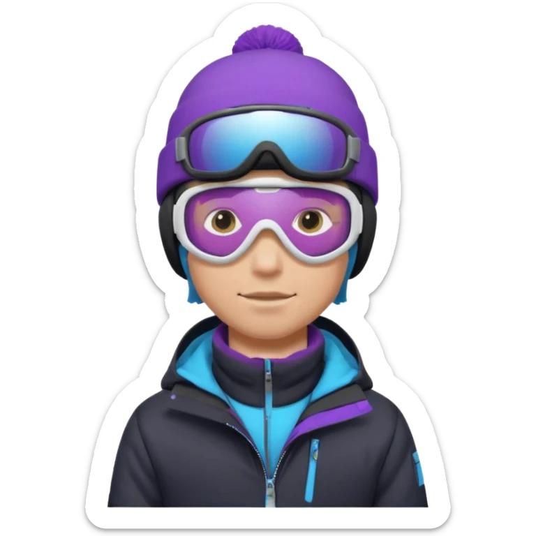 male Pro Snowboarder with white and grey beanie, ONE pair of purple and blue frameless goggles on and a black jacket sticker