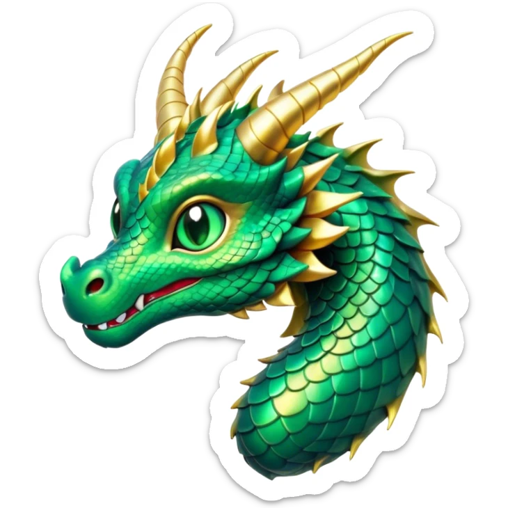 Cinematic Cute Dragon Portrait Emoji, Head tilted playfully and inquisitively, featuring a sleek, serpentine form adorned with iridescent scales that shift between emerald and gold, a delicate set of subtle horns, and round, sparkling eyes full of curious magic; rendered with realistic detail and warm natural light, high shine, affectionate and enchanting, styled with a touch of whimsical fantasy, soft glowing outline, capturing the essence of a mischievous yet lovable dragon that seems poised to slither playfully into your arms! sticker