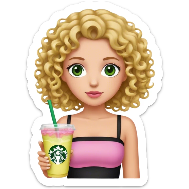a slightly tan but white girl with curly wavy hair and green eyes wearing a black tube top holding a starbucks pink lemonade facing forward aesthetic  sticker