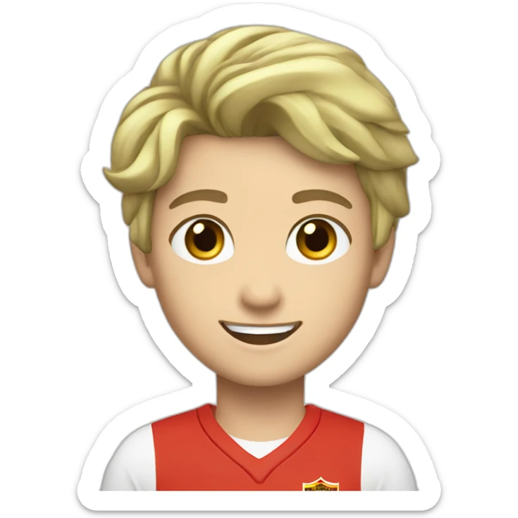 A smiling white teen with a long face in red Ferrari jersey with very short black hair and light green eyes and dig cheeks sticker