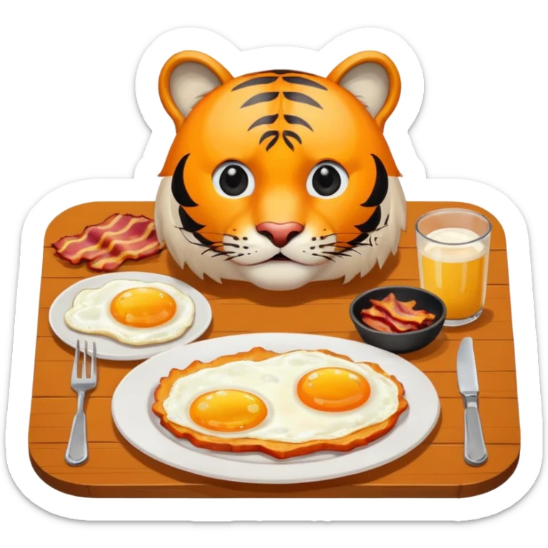 Tiger sitting at a table with a plate of 2 eggs and bacon in front of him sticker