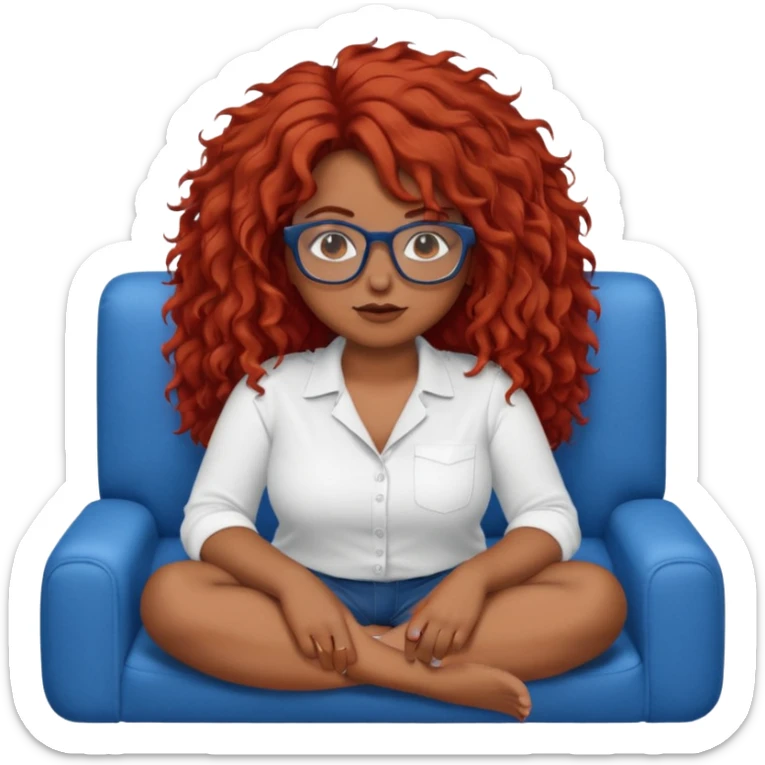 Nude white curvy woman with classes with glasses brown redy long frizzy messy hair sat on blue sofa. sticker