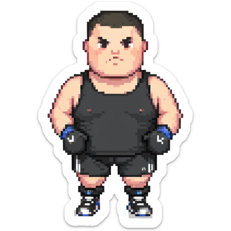white man with dark hair, dark eyes, buzzcut faded haircut, overweight 100kg boxer, chubby face, stocky build, wearing full black clothes, black adidas boxing gloves, highly pixelated, chunky pixel style, low resolution sticker