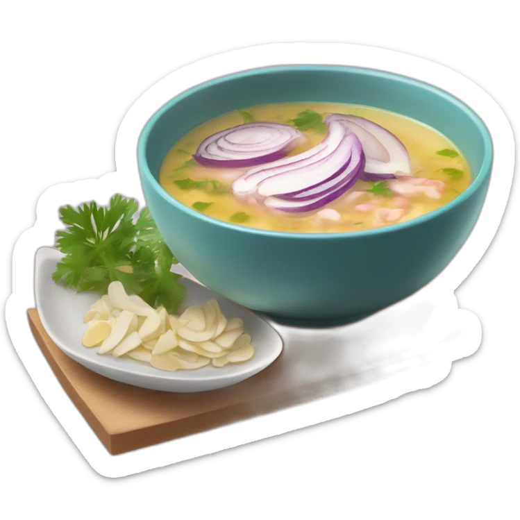 hot soup with the following ingredients sliced red onions, albacore, coriander and yucca sticker