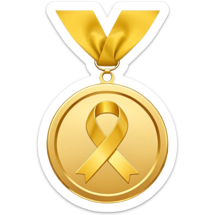 A golden medal with a glossy finish, featuring a central gold awareness ribbon symbol, NO NECK RIBBON sticker