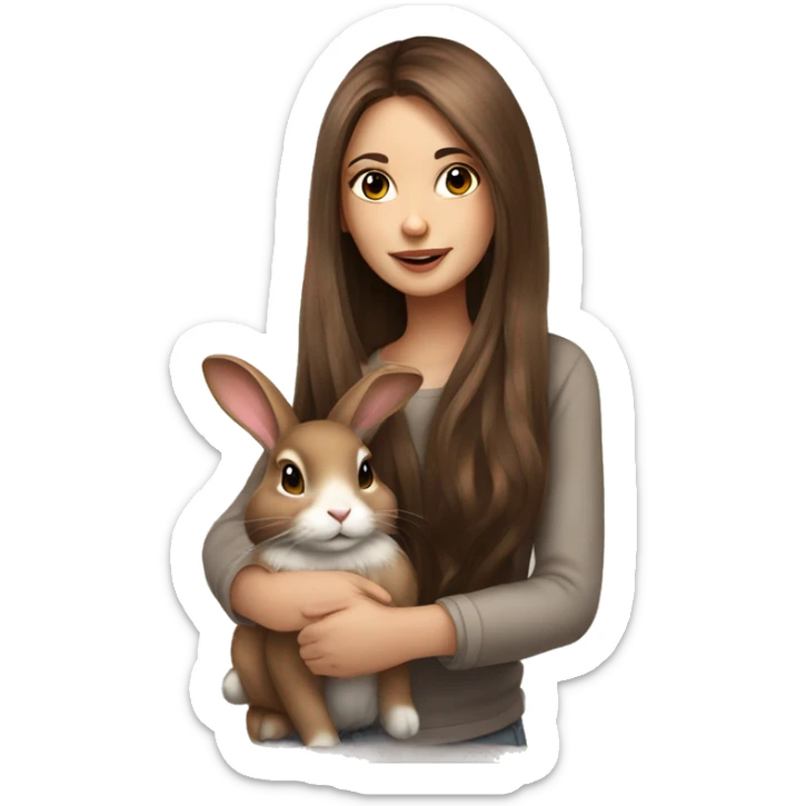 Very beautiful girl with very long brown hair designer artist with a cute rabbit sticker