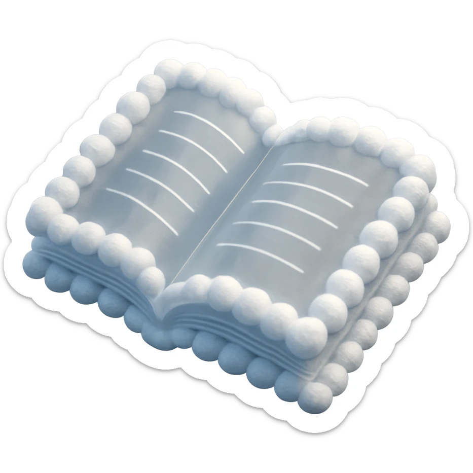 top view of a thick open book made entirely of small, very bright white fluffy convex clouds, matte glass style sticker