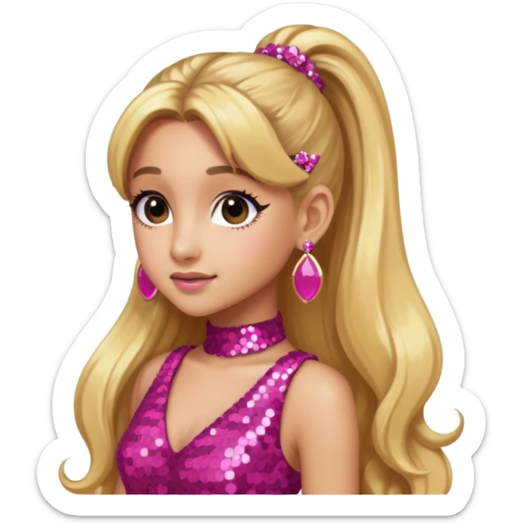 Ariana Grande with long golden blonde ponytail hair, dark pink sequin dress, pink earrings sticker