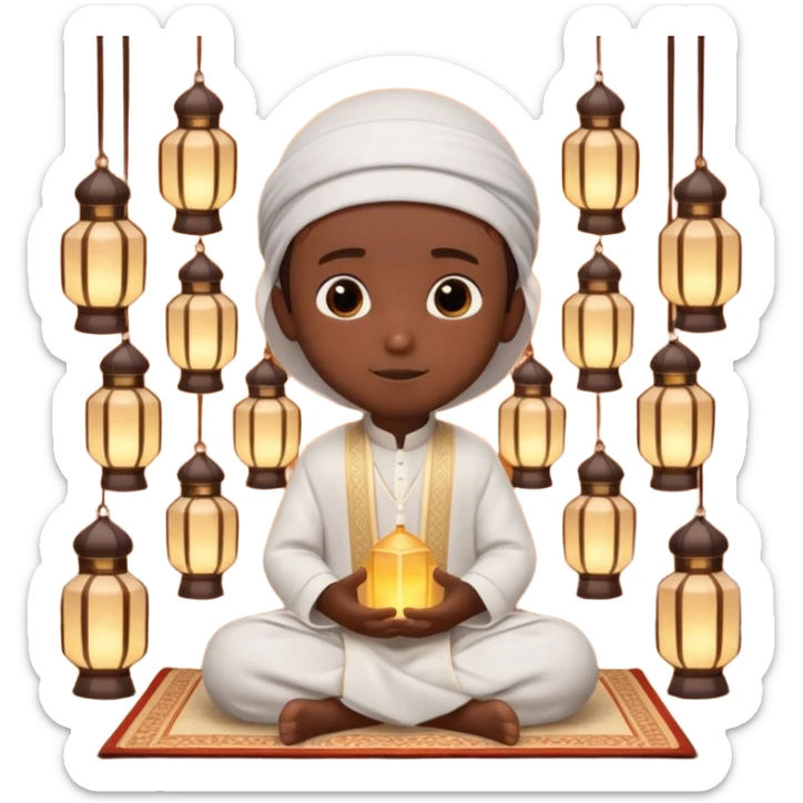 Personnage 3D mignon en style Pixar, un petit garçon portant un qamis blanc et un kufi, tenant un tapis de prière, entouré de lanternes brillantes, fond doux, couleurs chaudes, garçon teint noir sticker