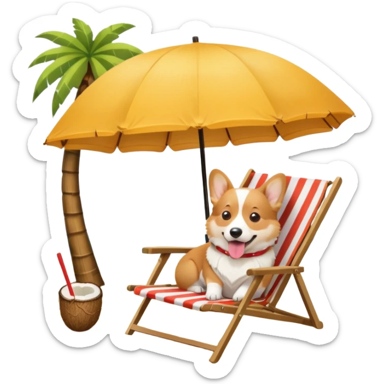 a corgi dog laied on a beach chair, a sunny beach, a sun umbrella, and beach coconut trees. the icon should capture the essence of a relaxing beach vacation with a carefree atmosphere sticker
