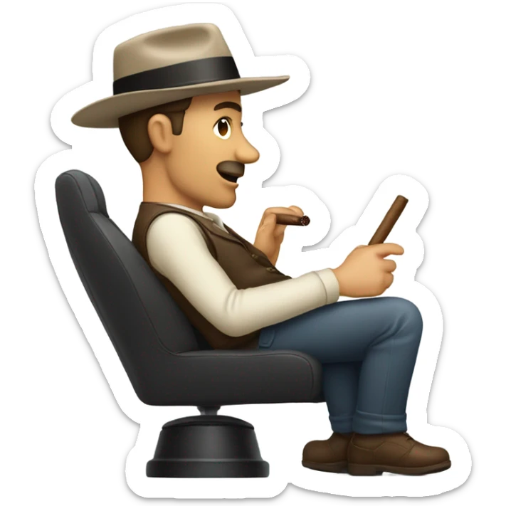 Side view of a man in the drivers seat of a car with a fedora on, smoking a cigar sticker