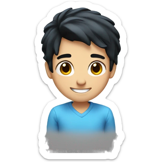 young man with a white and blue shirt, and black straight hair, with smile face sticker