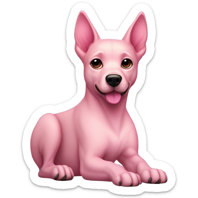 A sleek pink dog with pointed ears, a narrow snout, dark round eyes, and darker pink accents on its paws, ears, and tail. Its lean body has smooth, velvety fur and pale pink paw pads. sticker