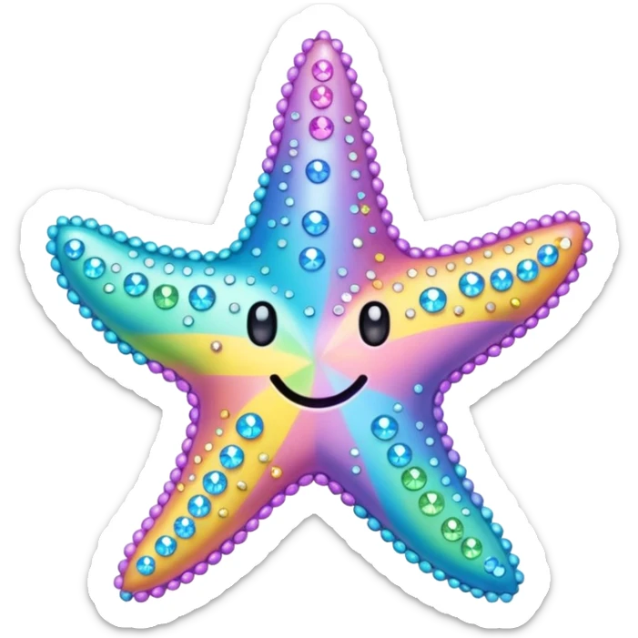 sea star, pastel rainbow, heavily bedazzled with gems, simple emoji face sticker