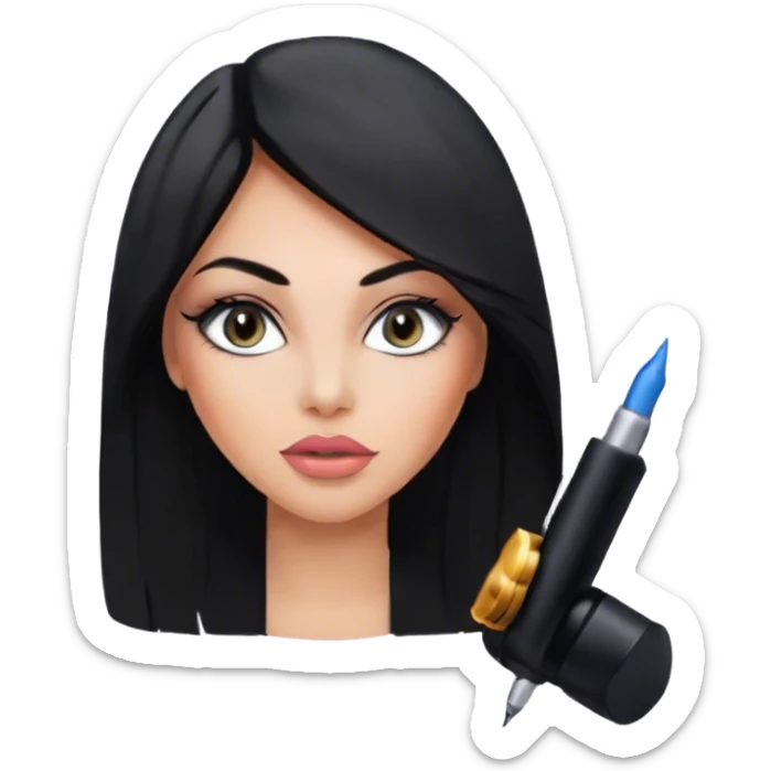 Glamours, tanned, very beautiful girl, with big pump peach-beige-rose lips, eyeliner, long lashes, black straight smooth silky long hair, straight parting hair, blue-grey eyes in black clothes for working profile sticker