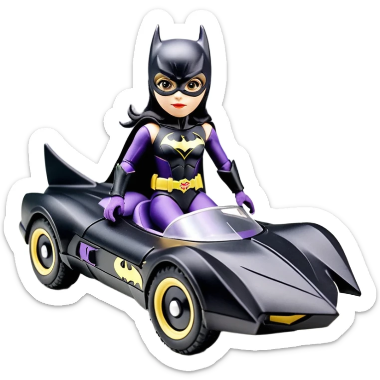 I:10 scale racing sexy fitted Batgirl’s buxom minimalist armored midnight-colored tight outfit 1970’s tv style dark knight stealthy accurate sporty safe plush deluxe off-road pursuit drifting F1 town car (black hair, shoulders back against seat) rally vehicle  sticker