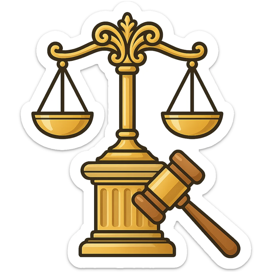 Vector illustration of a classic symbol of law (e.g. scales of justice, gavel, courthouse column), designed with elegant and refined lines. Include intricate golden detailing, soft gradients for a polished metallic look, and realistic shadows and highlights for depth. Style should be clean and professional, with a modern yet timeless feel. Transparent background sticker
