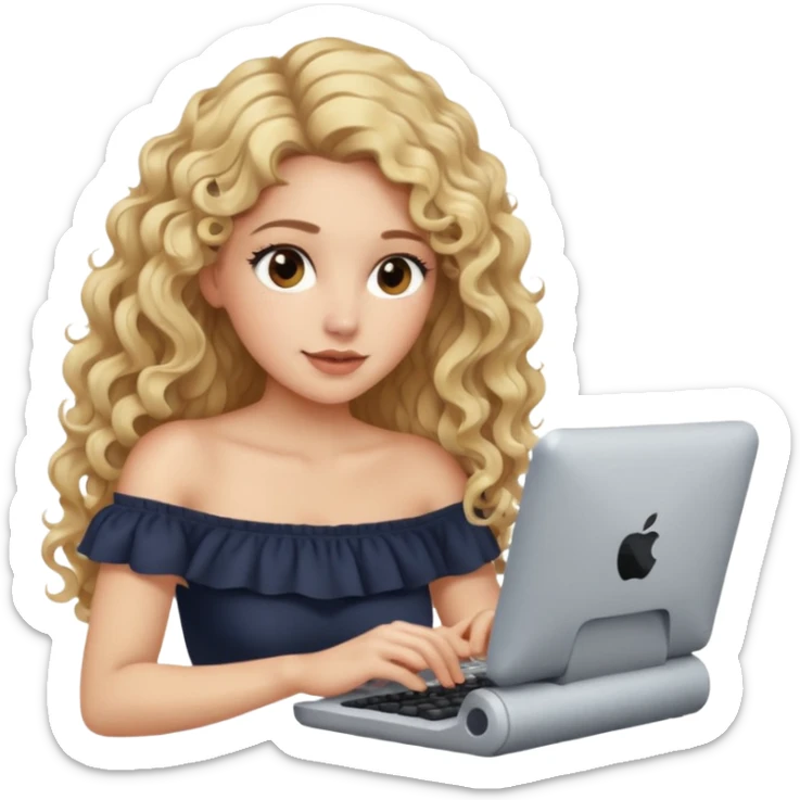 woman with long curly blond hair, brown eyes, wearing an off-shoulder top, on computer  sticker