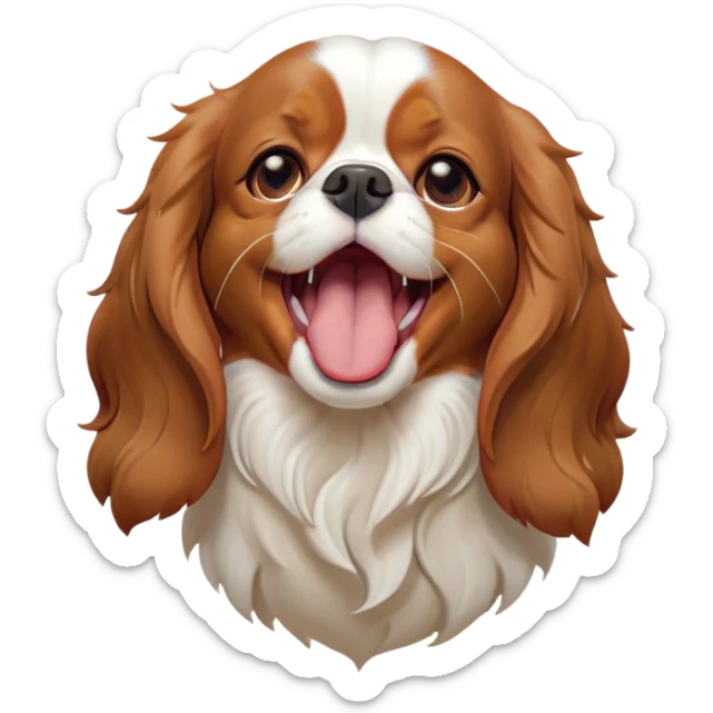 Cinematic Cute Yawning Blenheim Cavalier King Charles Spaniel Portrait Emoji, Head tilted slightly with a dramatic, wide-open yawn, soft Blenheim coat with delicate chestnut and white markings, floppy ears slightly drooping, round brown eyes barely open in drowsy contentment, Simplified yet irresistibly adorable features, highly detailed, glowing with a soft, cozy glow, high shine, relaxed yet expressive, stylized with a touch of whimsy, bright and endearing, soft glowing outline, capturing the essence of a sleepy yet affectionate companion, so drowsy it feels like it could stretch right out of the screen and curl up for a nap! sticker