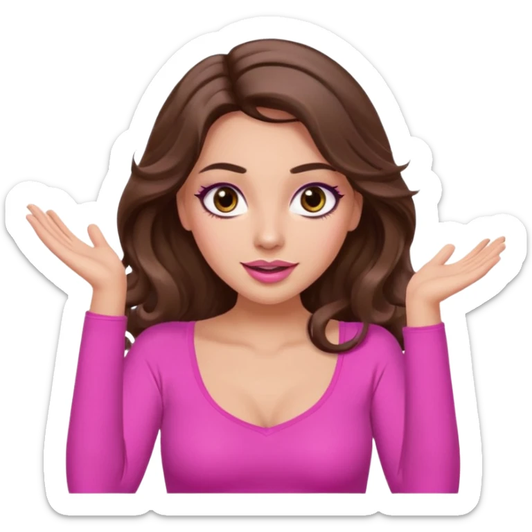 girl with long wavy brown hair, brown eyes, long lashes makeup, sexy pink lips, light to medium complexion, pink sexy top, two hands up, shrugging, confused sticker