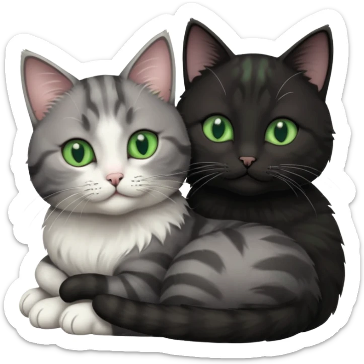 1 grey cat with pastal green eyes and 1 black with green eyes cat cuddling sticker